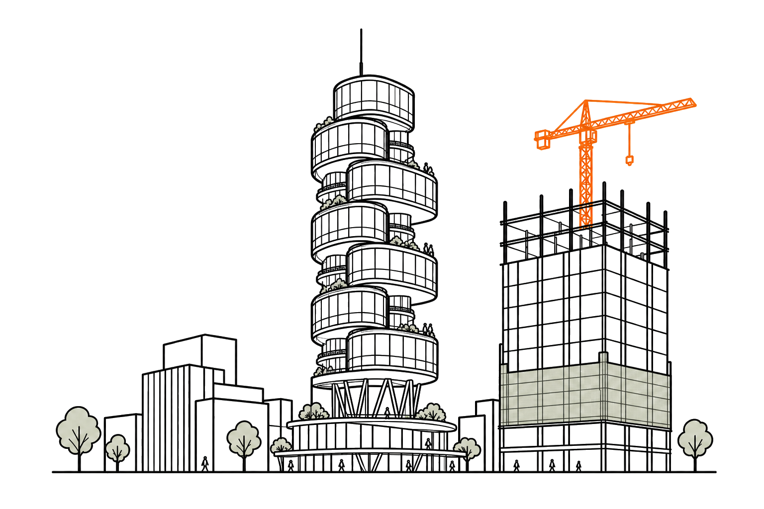 Cartoon line drawing of the Lloyd's of London building with a rooftop service crane next door, picked out in the Arkline brand orange.